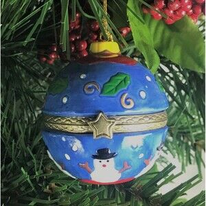 Snowman Blue Ball Porcelain Hinged Trinket Box Christmas Ornament